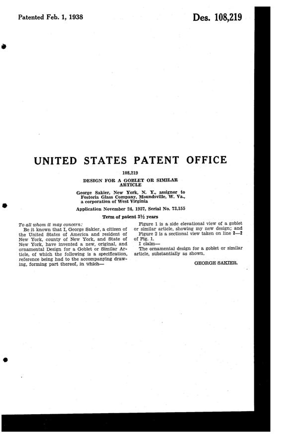 Fostoria #6019 Rondel Goblet Design Patent D108219-2