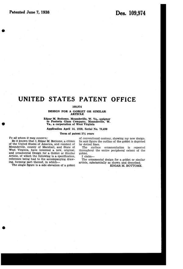 Fostoria # 332 Mayflower Etch on #6020 Melody Goblet Design Patent D109974-2