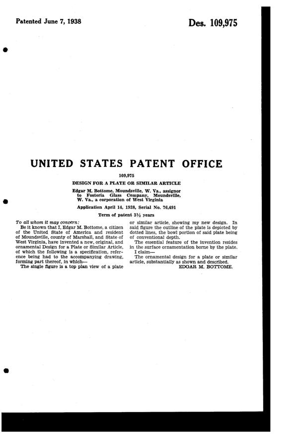Fostoria # 332 Mayflower Etch on Plate Design Patent D109975-2