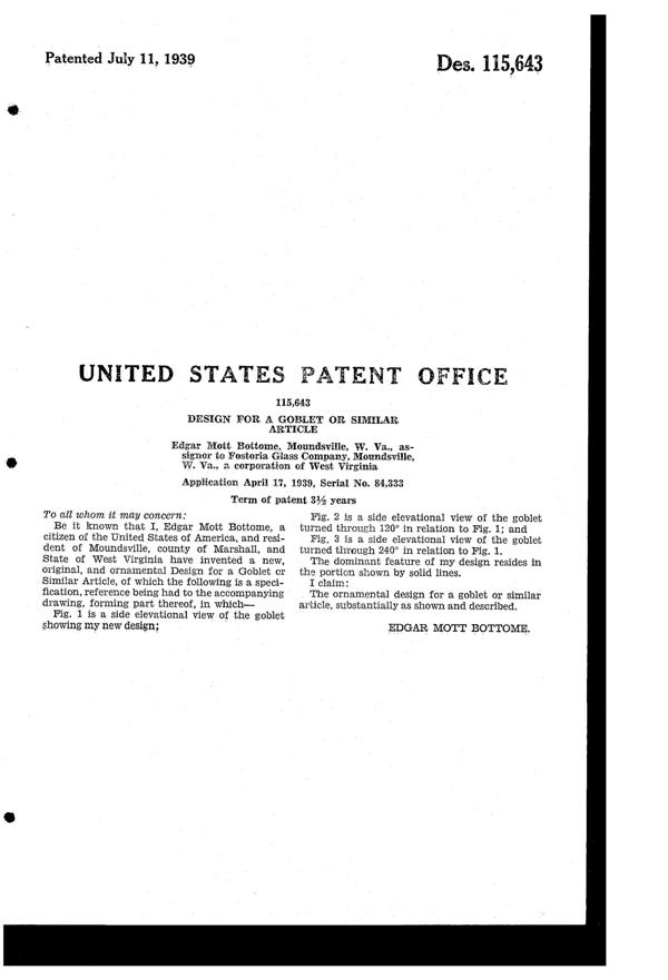 Fostoria # 336 Plymouth Etch on #6025 Cabot (Modified Stem) Goblet Design Patent D115643-2