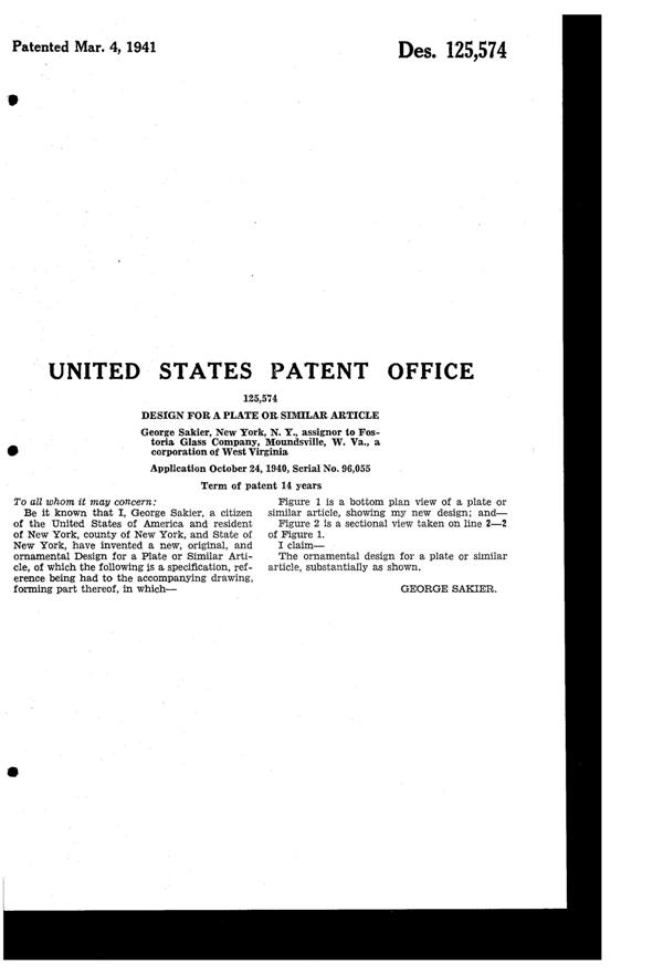Fostoria #2412 Colony Plate Design Patent D125574-2