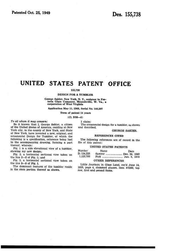 Fostoria #6033 Mademoiselle Footed Tumbler Design Patent D155738-2