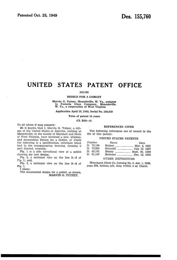 Fostoria #5412 Colonial Dame Goblet Design Patent D155760-2