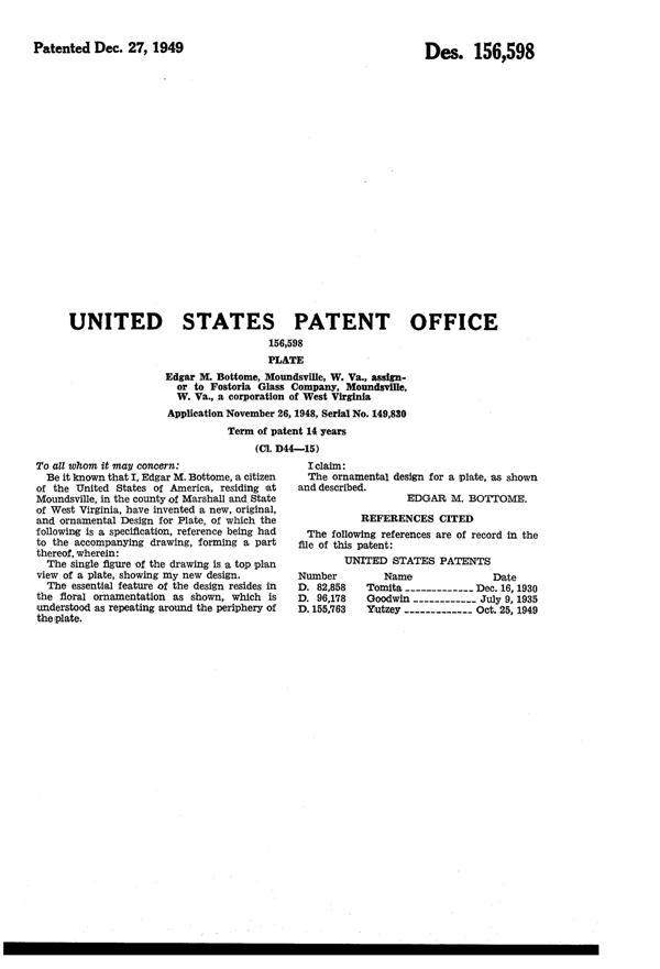 Fostoria # 338 Chintz Etch on #2630 Century Plate Design Patent D156598-2