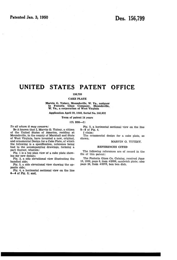 Fostoria #2056 American Cake Plate Design Patent D156799-3