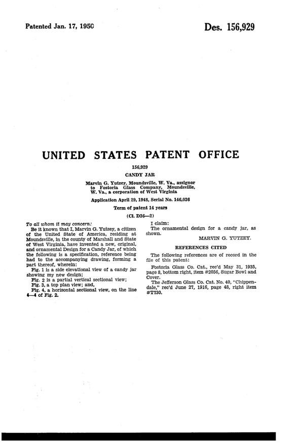 Fostoria #2056 American Footed Candy Jar & Cover Design Patent D156929-2