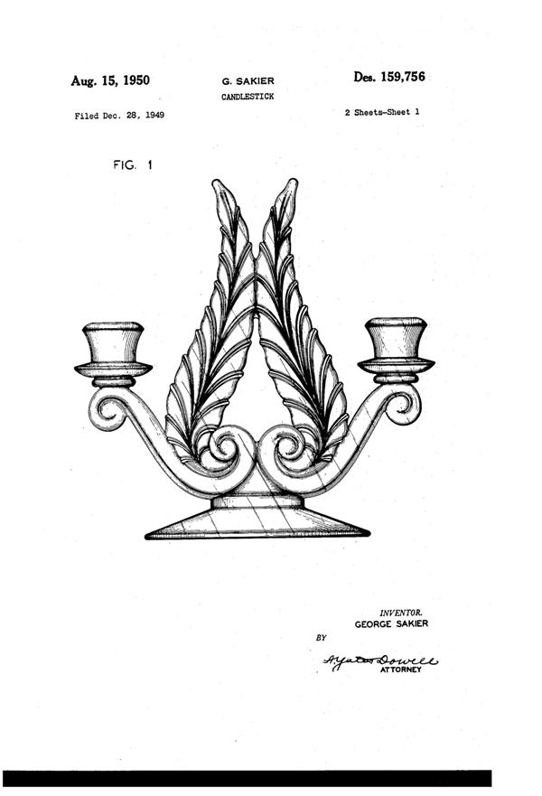 Fostoria #2636 Plume Duo Candlestick Design Patent D159756-1