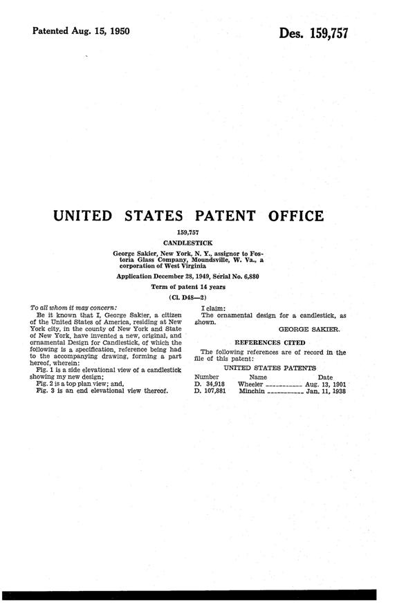 Fostoria #2639 Duo Candlestick Design Patent D159757-2