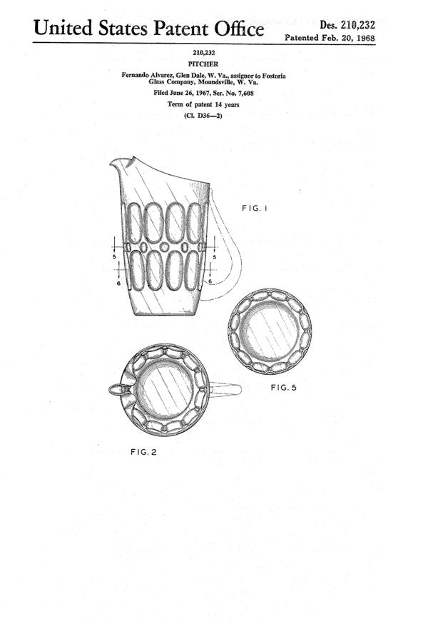 Fostoria #4186 Mesa Pitcher Design Patent D210232-1