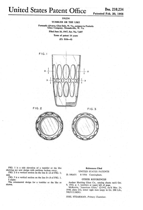 Fostoria #4186 Mesa Tumbler Design Patent D210234-1