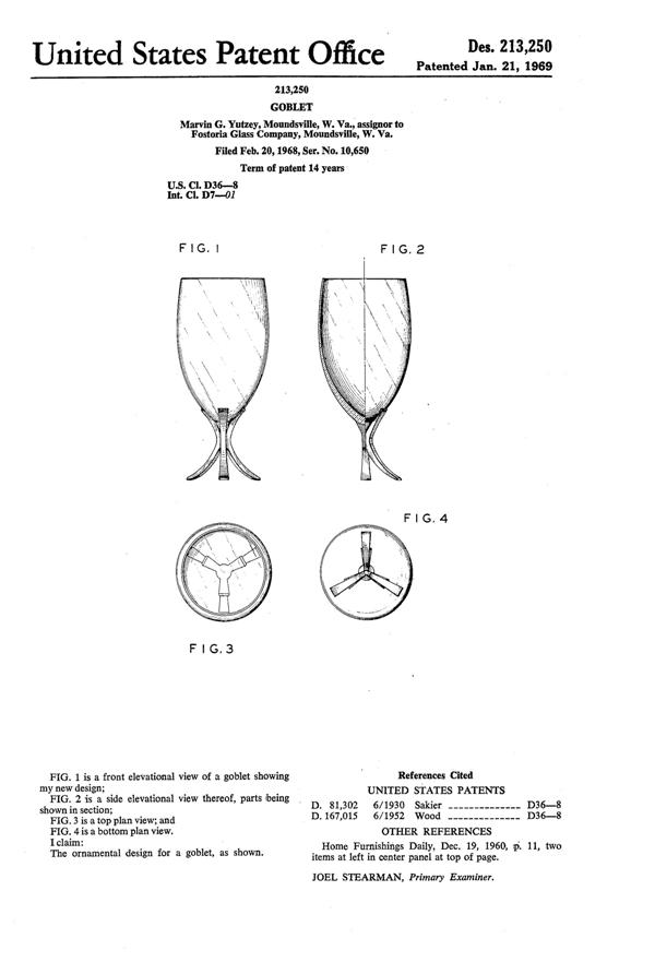 Fostoria #6112 Gold/Silver Triumph Goblet Design Patent D213250-1