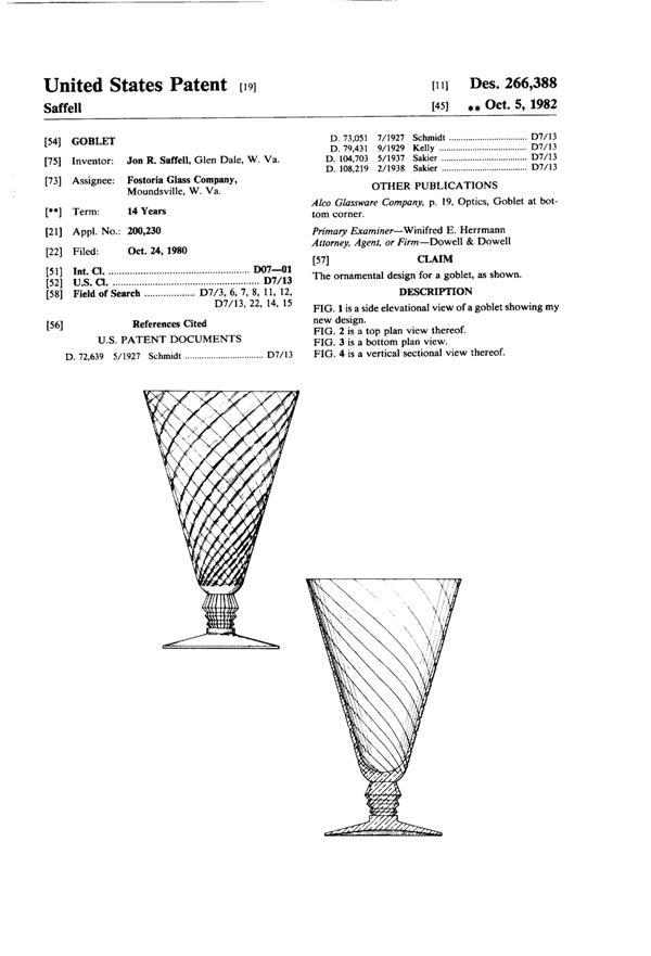 Fostoria #6143 Pavillion Footed Tumbler Design Patent D266388-1