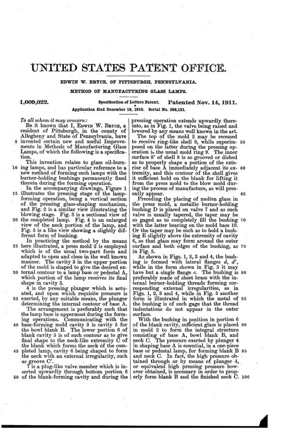 U. S. Glass Lamp Patent 1009022-2