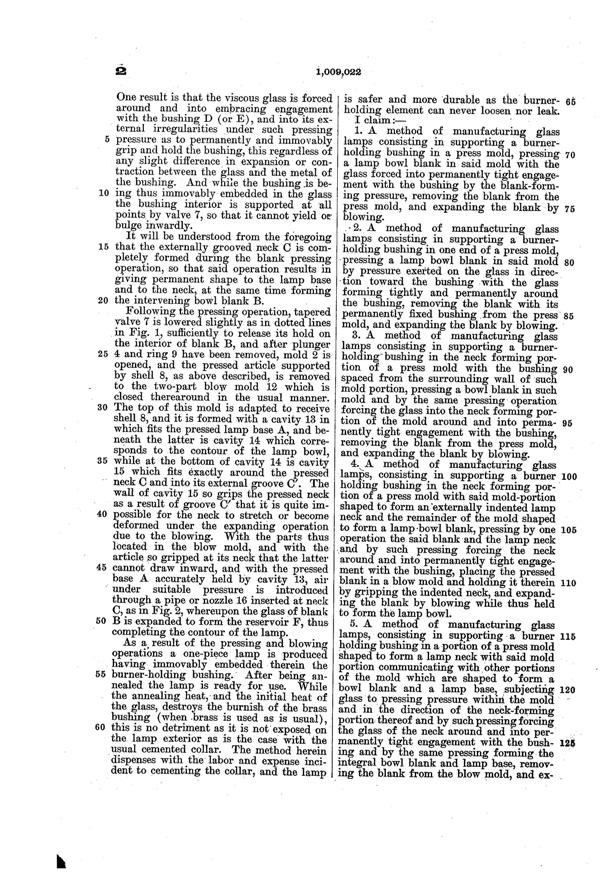 U. S. Glass Lamp Patent 1009022-3