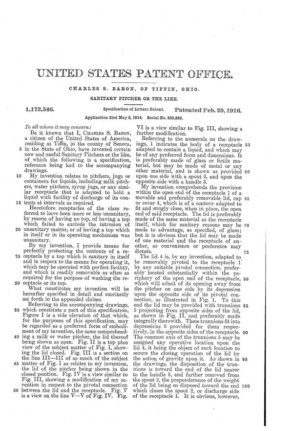 U. S. Glass Jug Patent 1173546-3