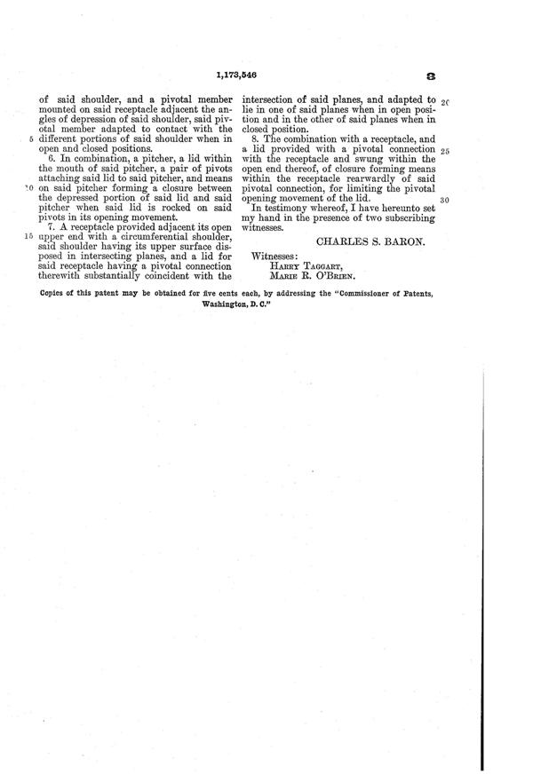 U. S. Glass Jug Patent 1173546-5