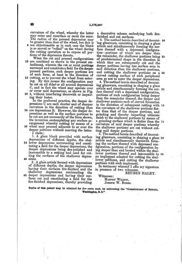 U. S. Glass Cutting Patent 1178257-3