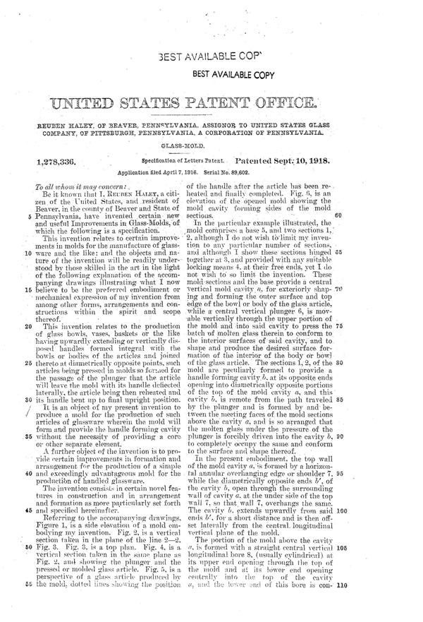 U. S. Glass Basket Mold Patent 1278336-3