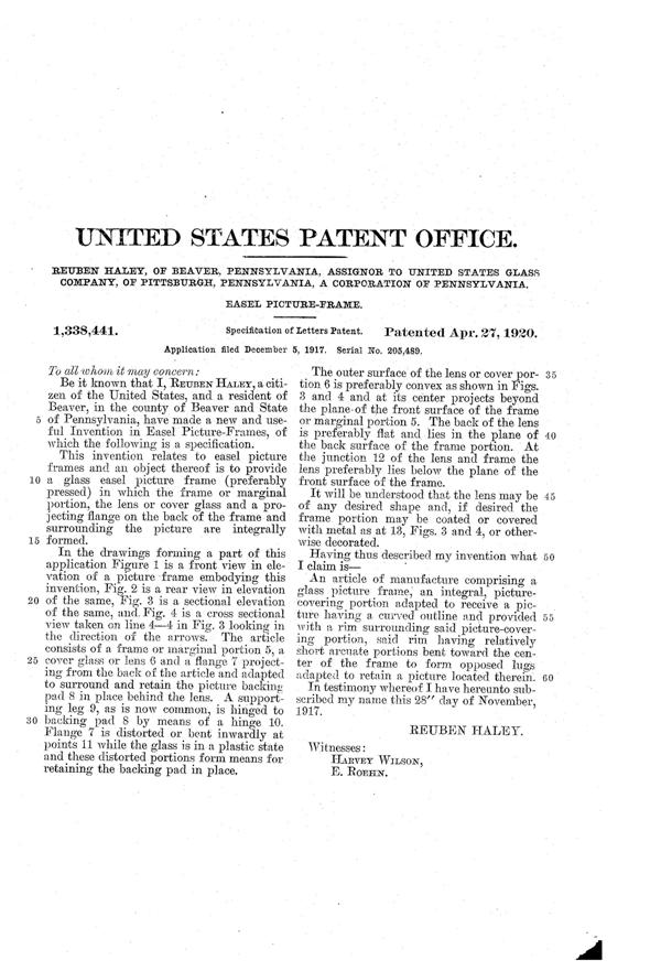 U. S. Glass Picture Frame Patent 1338441-2
