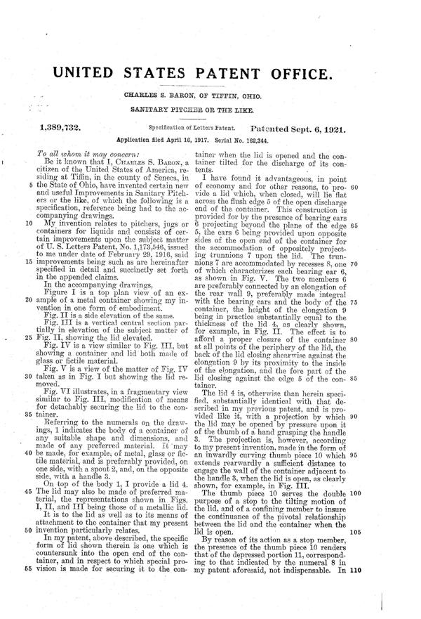 U. S. Glass Jug Patent 1389732-3