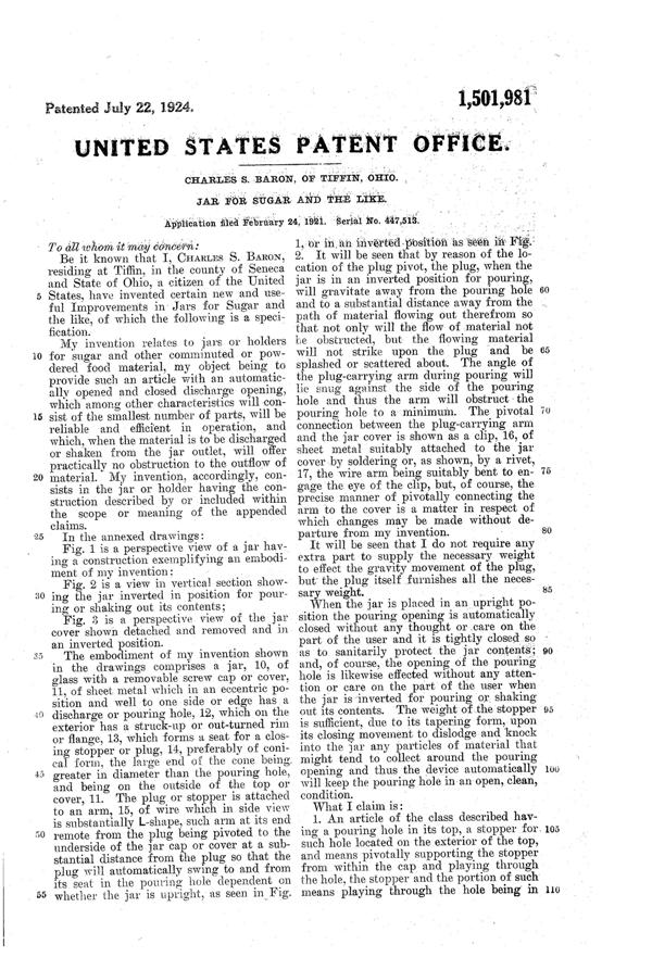 U. S. Glass Sugar Shaker Top Patent 1501981-2
