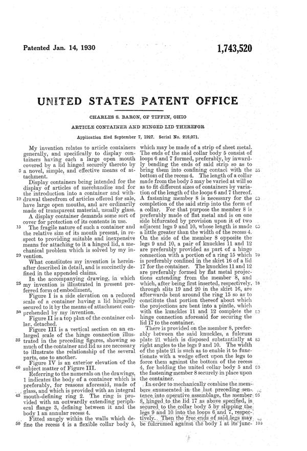 U. S. Glass Container Patent 1743520-2