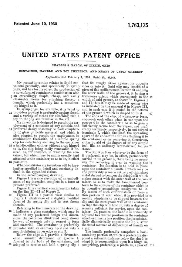 U. S. Glass Jug Patent 1763125-2