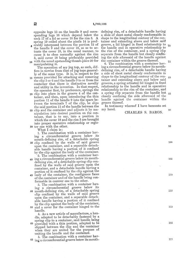 U. S. Glass Jug Patent 1763125-3