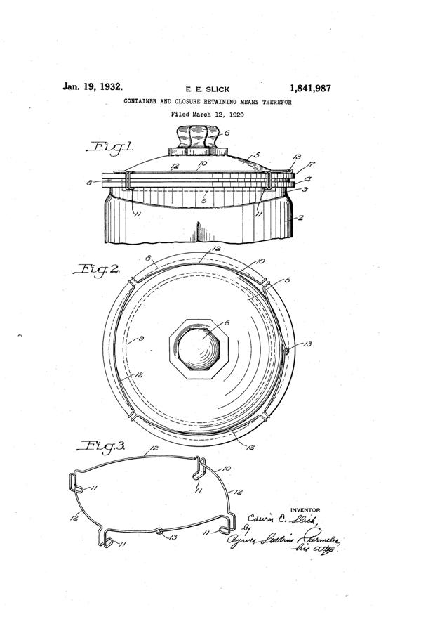 U. S. Glass Container Patent 1841987-1