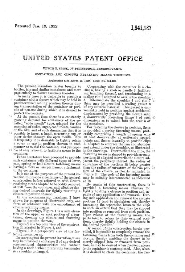 U. S. Glass Container Patent 1841987-2