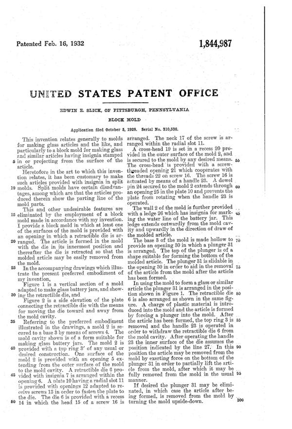 U. S. Glass Battery Jar Mold Patent 1844987-2