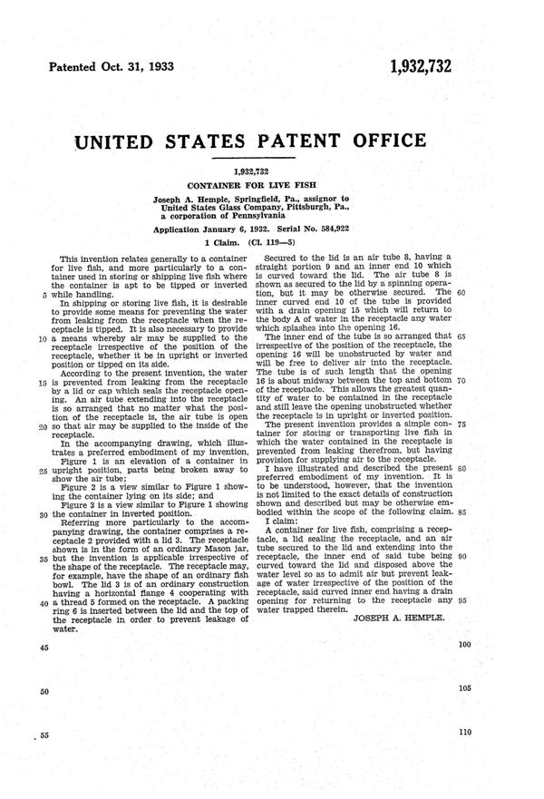 U. S. Glass Fish Container Patent 1932732-2