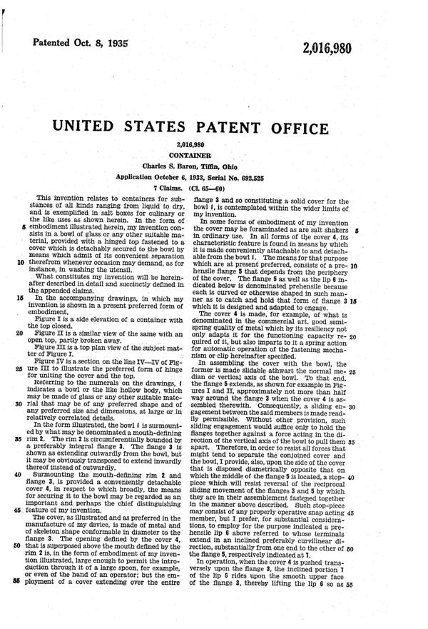 U. S. Glass Bowl & Lid Patent 2016980-3