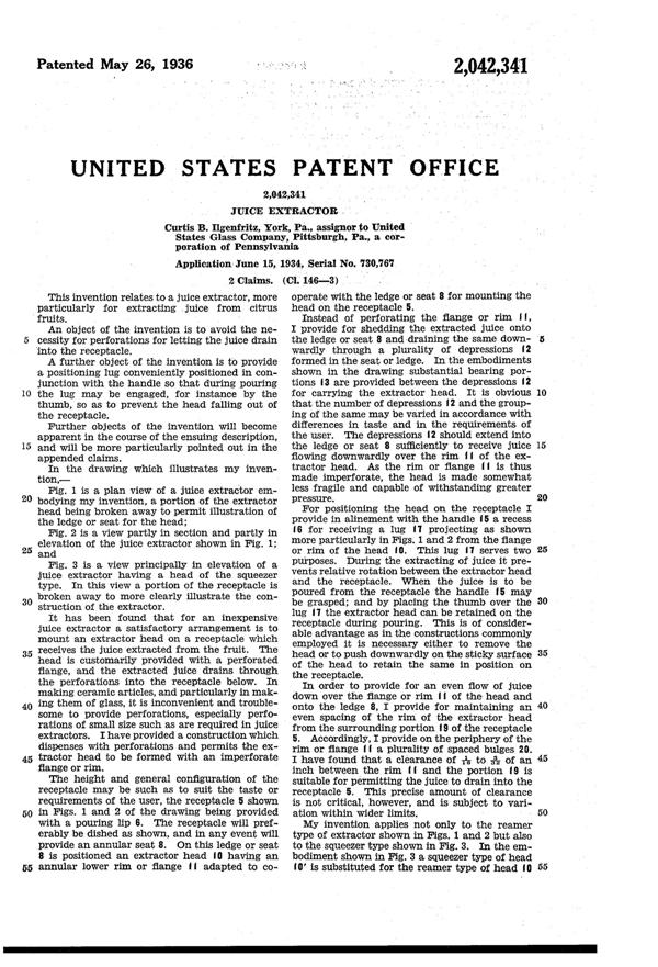 U. S. Glass #15359 Reamer Set Patent 2042341-2