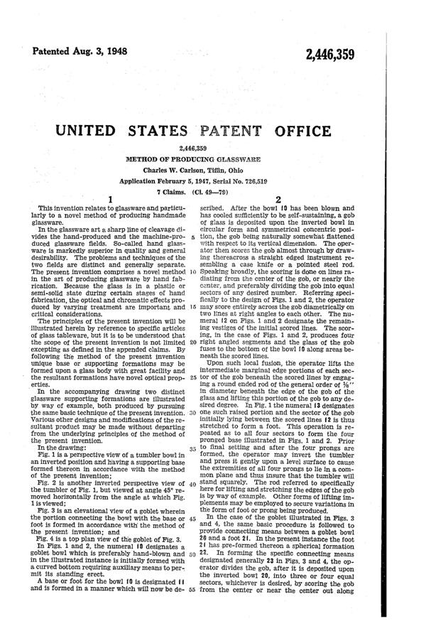 U. S. Glass #17430 Footed Tumbler & #17423 Cellini Goblet Patent 2446359-2