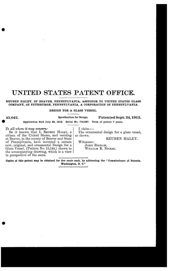 U. S. Glass #15144 U. S. Sheraton Berry Sugar Design Patent D 43042-2