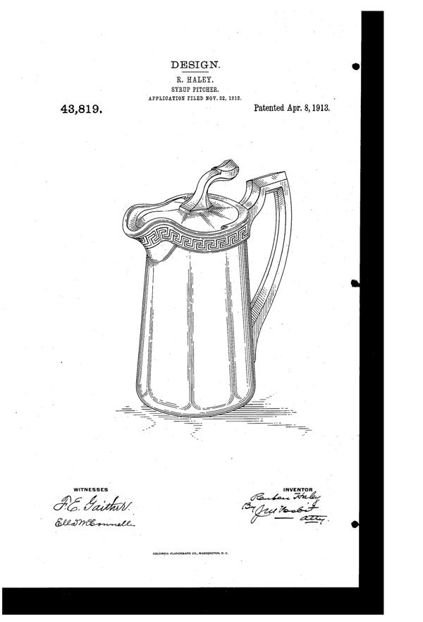 U. S. Glass #15144 U. S. Sheraton Jug Design Patent D 43819-1