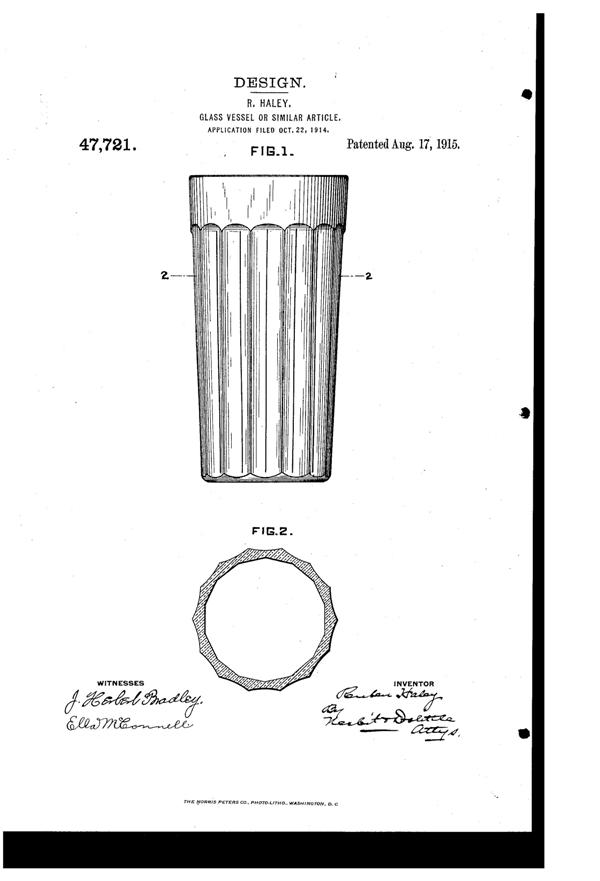 U. S. Glass Tumbler Design Patent D 47721-1