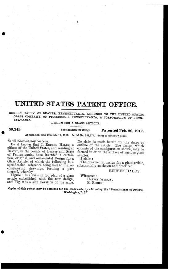 U. S. Glass Cut Footed Bowl Design Patent D 50349-2