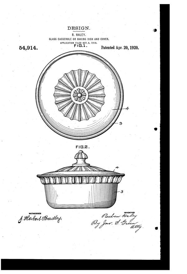 U. S. Glass Casserole & Lid Design Patent D 54914-1
