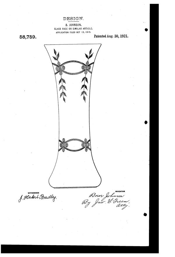 U. S. Glass Cut Vase Design Patent D 58759-1
