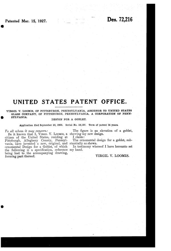U. S. Glass #15014 Goblet Design Patent D 72216-2