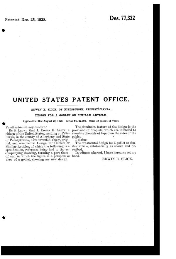 U. S. Glass Fantasy Tumbler Design Patent D 77332-2