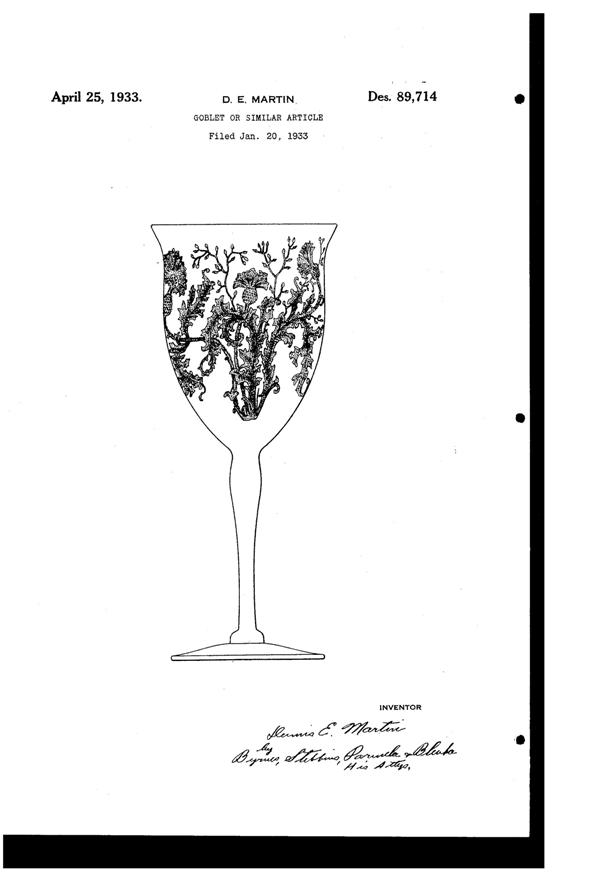 U. S. Glass Etch on # 2823 Goblet Design Patent D 89714-1