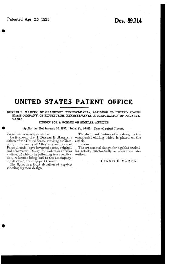 U. S. Glass Etch on # 2823 Goblet Design Patent D 89714-2