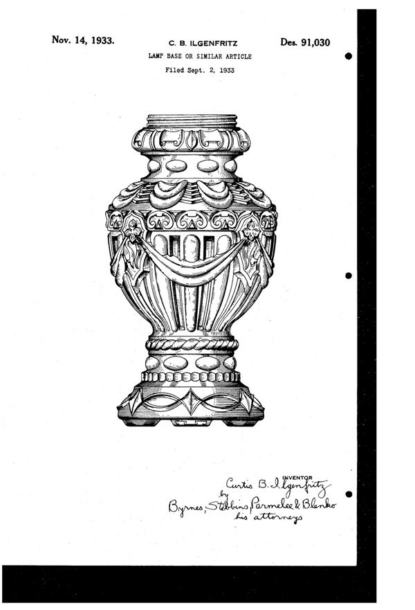U. S. Glass Lamp Base Design Patent D 91030-1