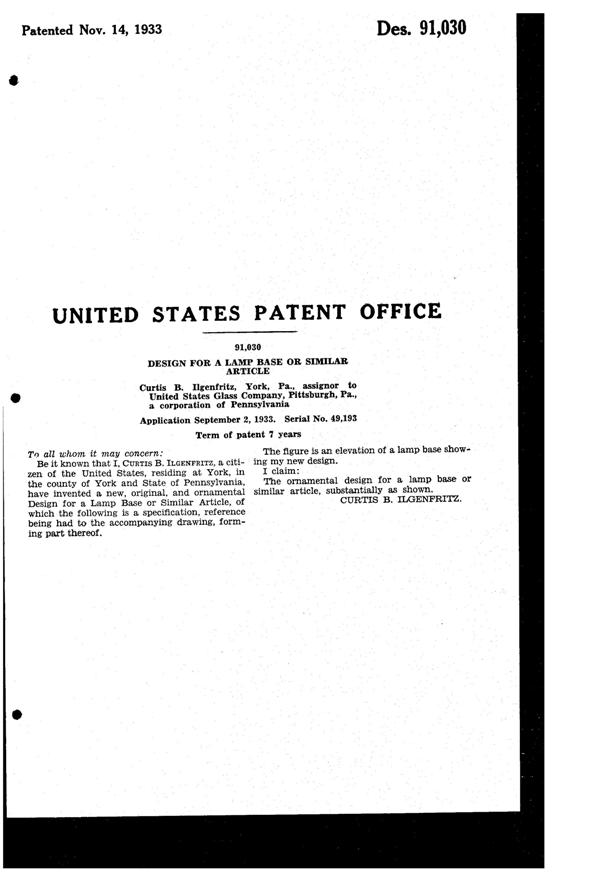 U. S. Glass Lamp Base Design Patent D 91030-2