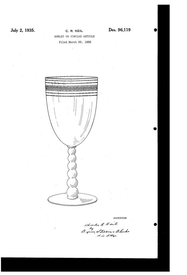 U. S. Glass Decoration on #15082 Goblet Design Patent D 96119-1