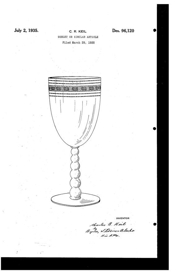 U. S. Glass Decoration on #15082 Goblet Design Patent D 96120-1