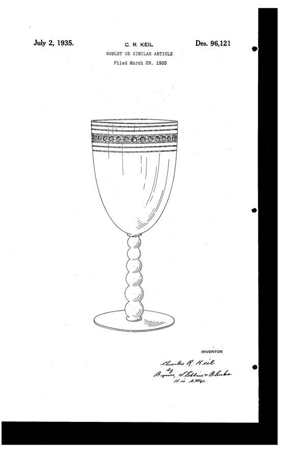 U. S. Glass Decoration on #15082 Goblet Design Patent D 96121-1